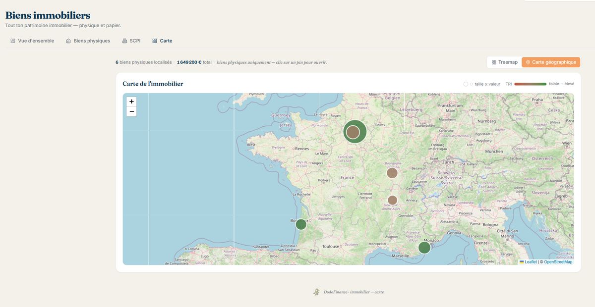 Carte géographique du patrimoine immobilier : chaque pin est un bien, sa taille reflète la valeur